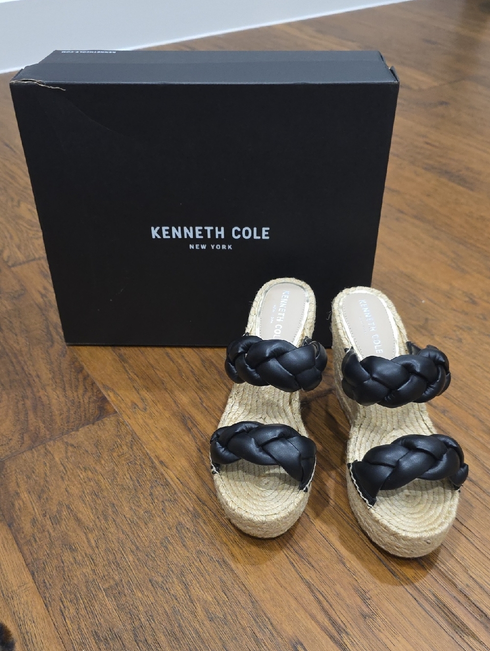 Kenneth Cole Black Braided Espadrille Wedge Slides